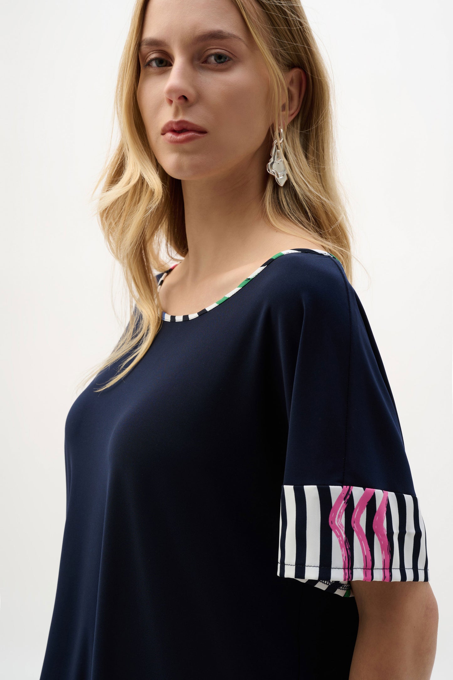 SIlky Knit And Woven Stripe Print Boxy Top. Style JR262121