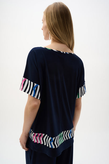 SIlky Knit And Woven Stripe Print Boxy Top. Style JR262121