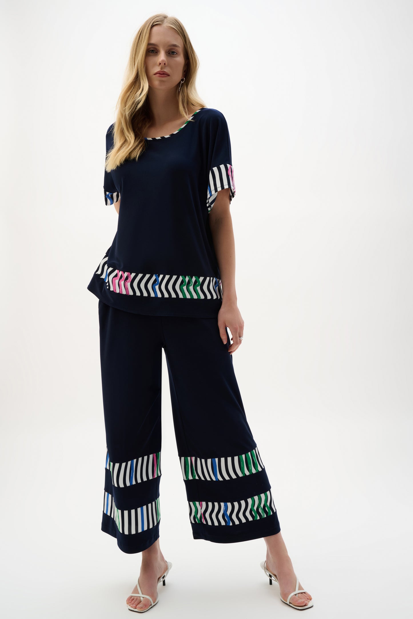 Silky Knit And Woven Stripe Print Culotte Pants. Style JR262123
