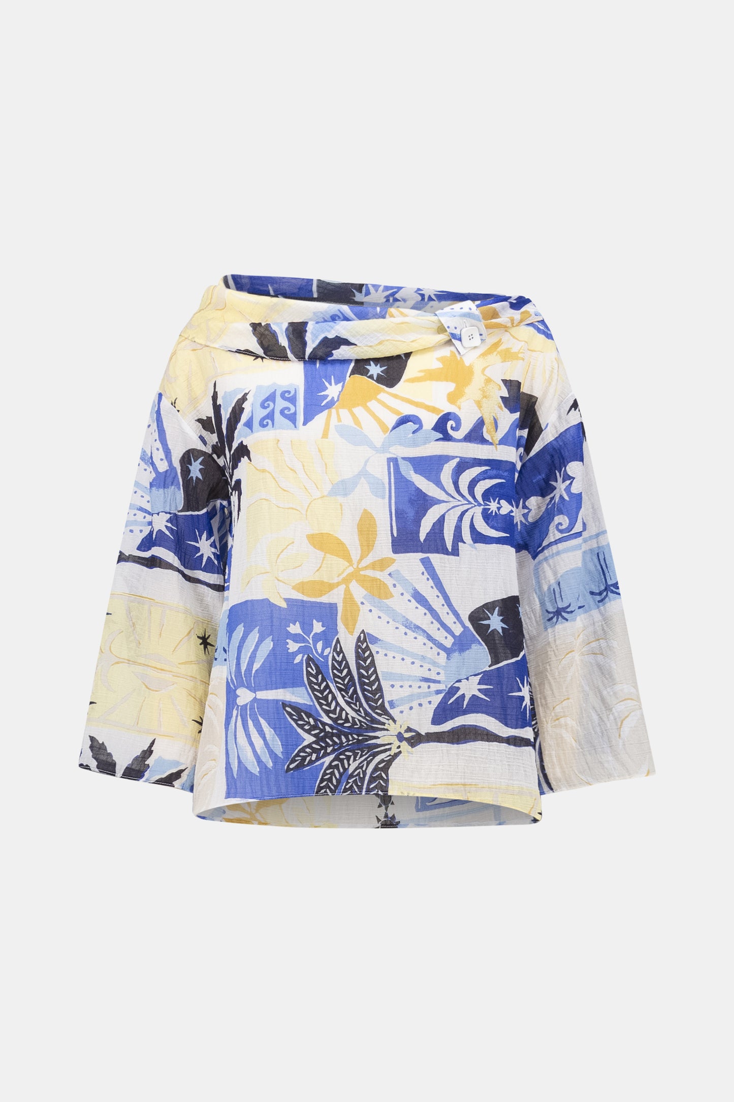 Sheer Woven Tropical Print Cowl Neck Boxy Top. Style JR262151