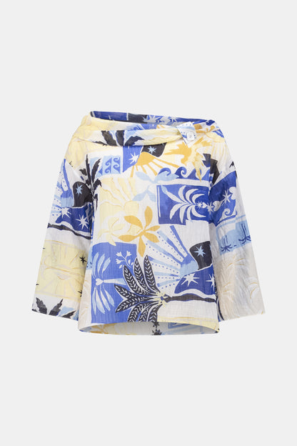 Sheer Woven Tropical Print Cowl Neck Boxy Top. Style JR262151