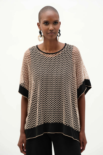 Silky Knit And Mesh Contrast Cuffs Trapeze Top. Style JR262160