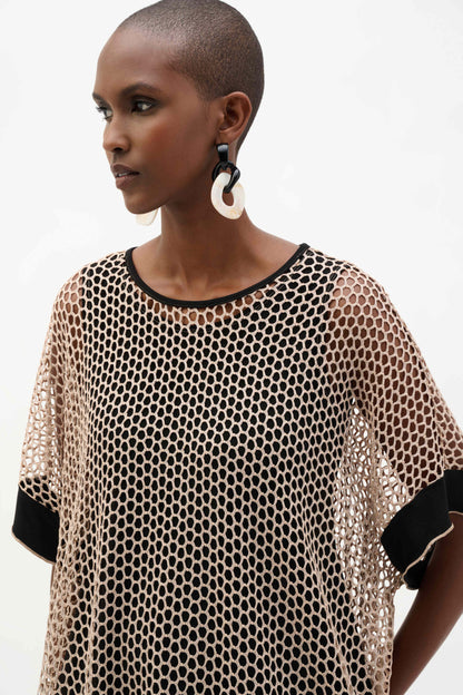 Silky Knit And Mesh Contrast Cuffs Trapeze Top. Style JR262160