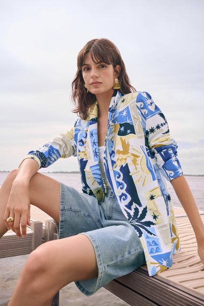 Silky Knit Tropical Print Fitted Blazer. Style JR262232