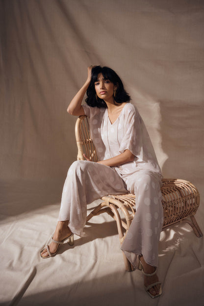 Chiffon Jacquard Dot Print Wide Leg Pants. Style JR262259