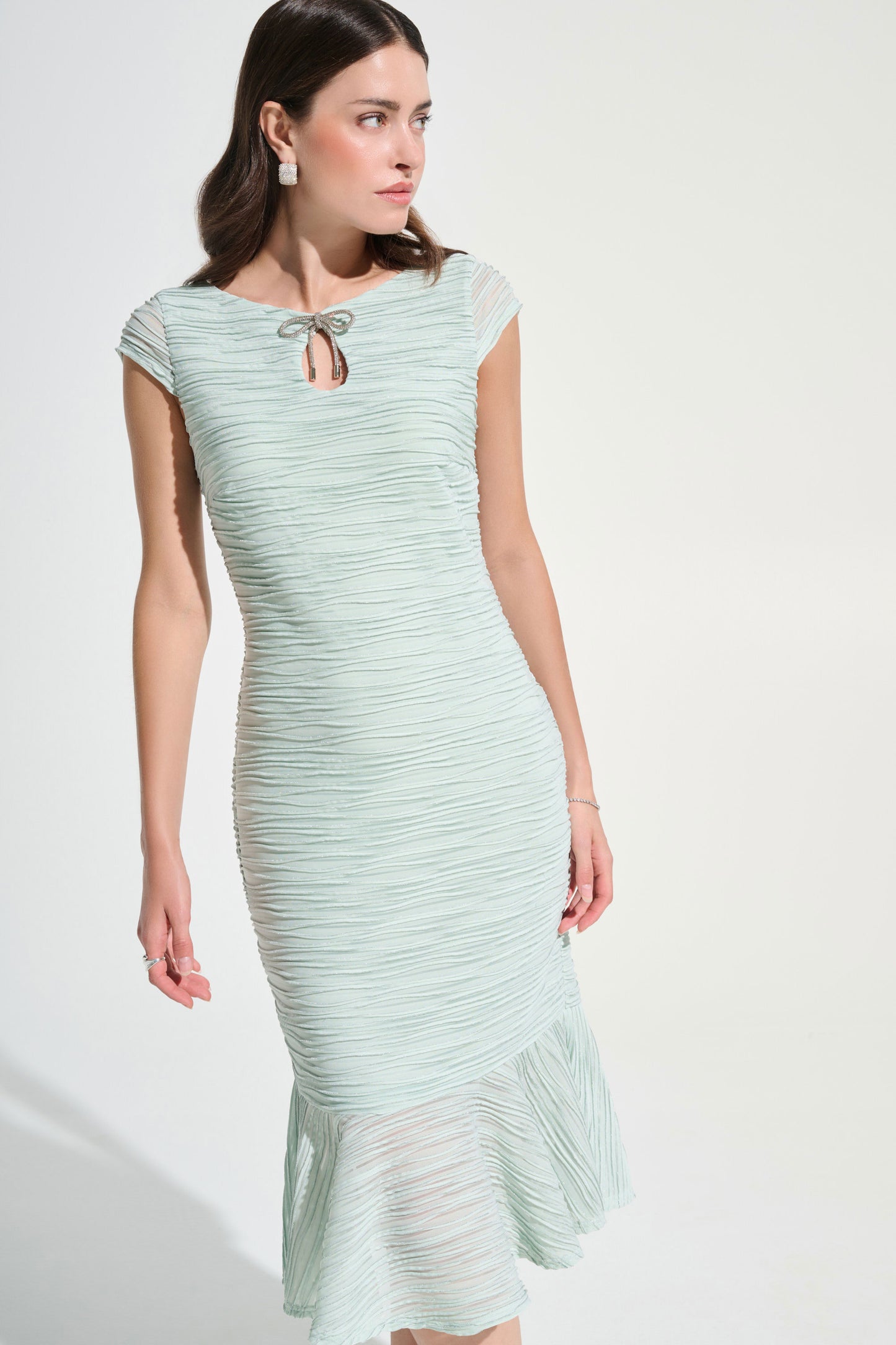 Signature Lurex Cascade Flounce Keyhole Rhinestone Bow Dress. Style JR262703