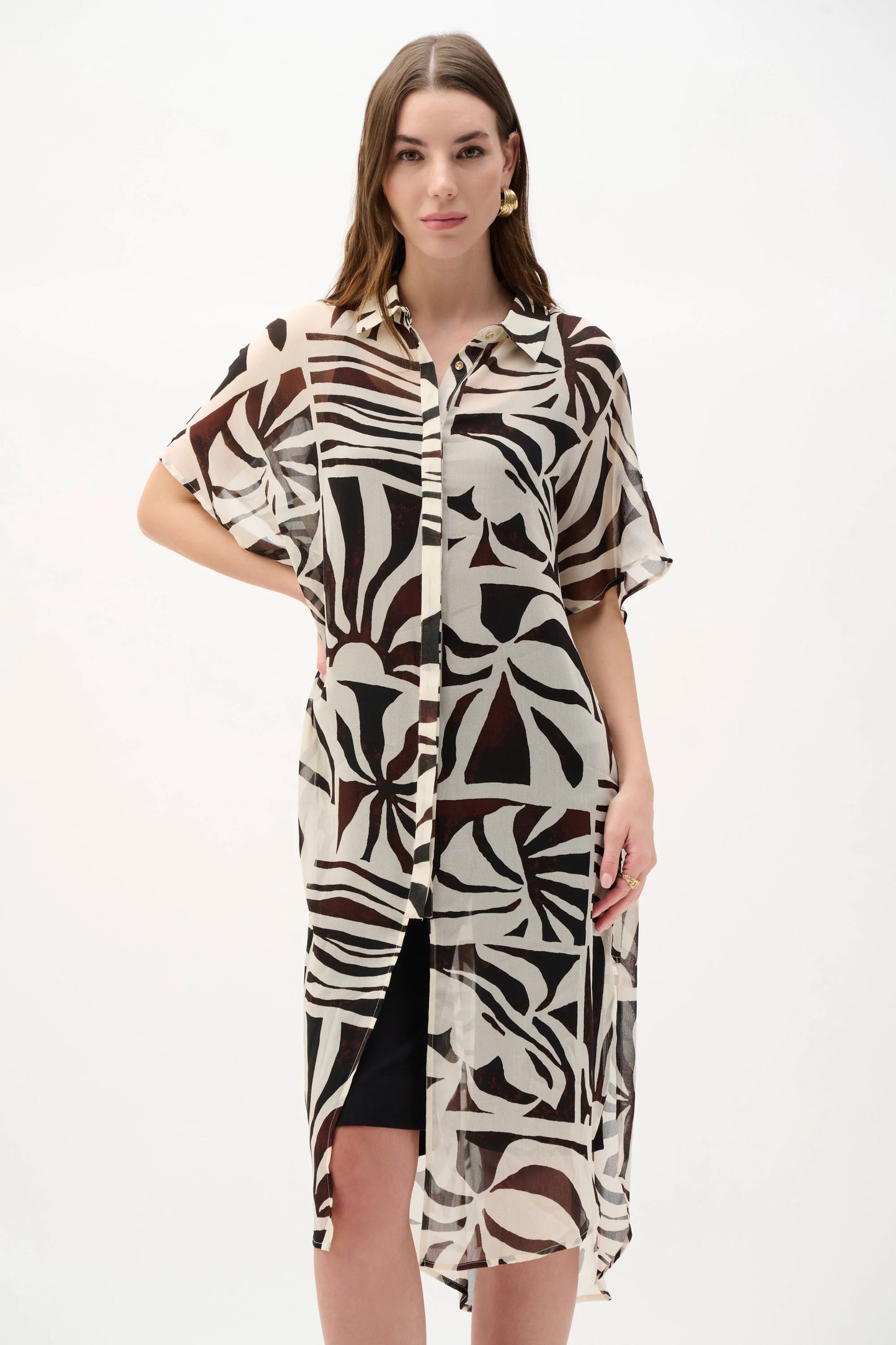 Lightweight Chiffon Abstract Print Long Length Blouse. Style JR262949