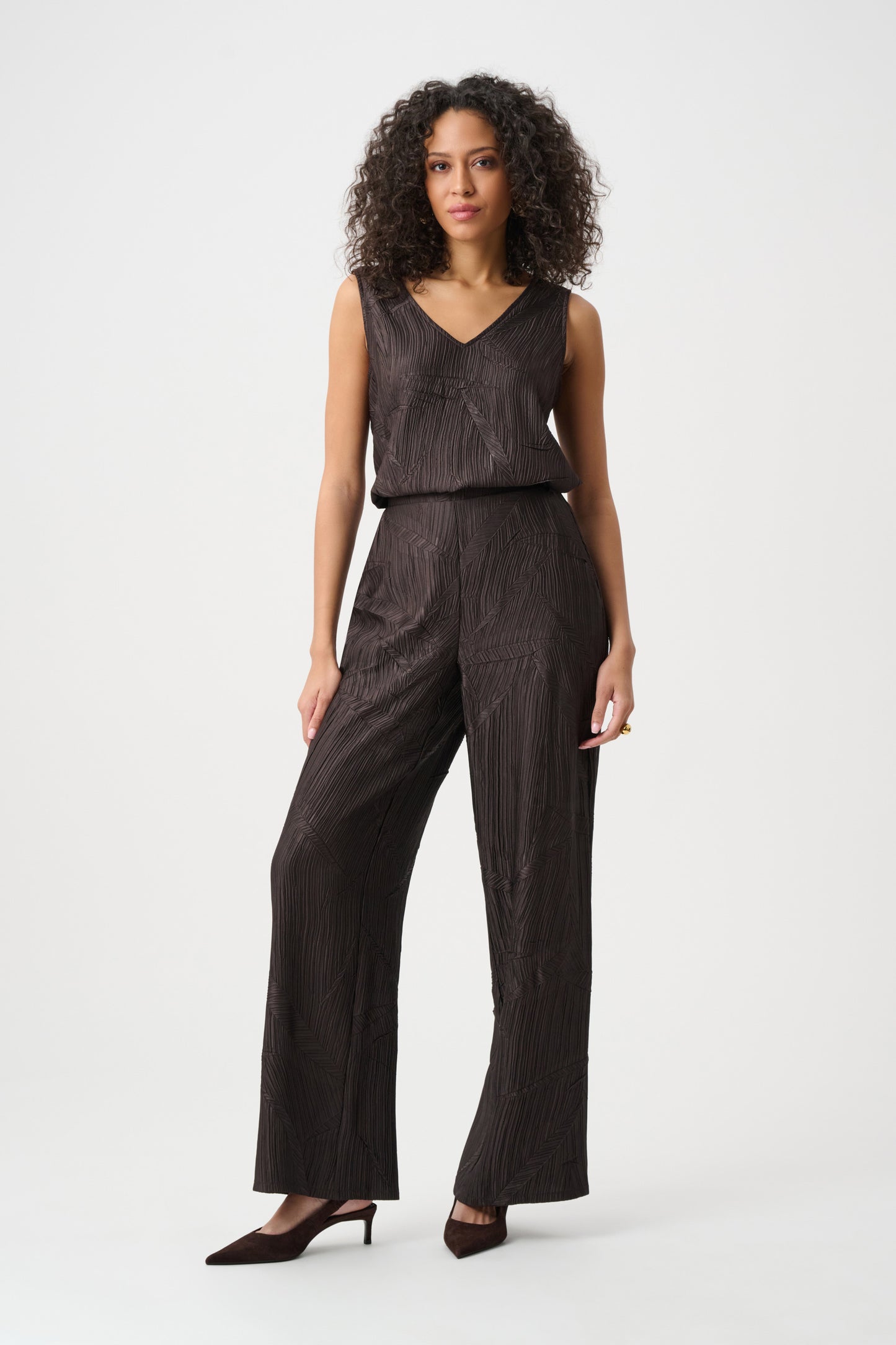 Pleated Satin Flared V-Neck Top. Style JR263051