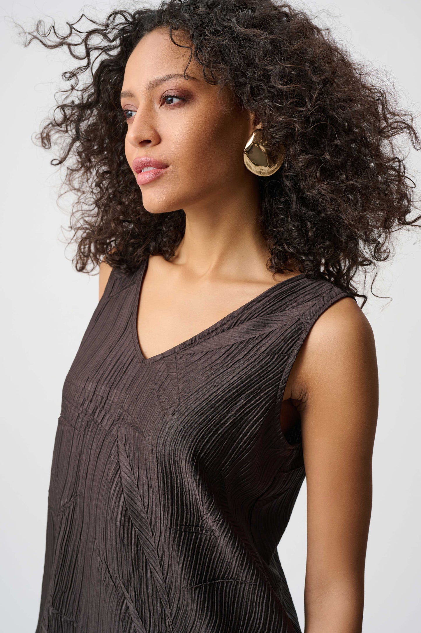 Pleated Satin Flared V-Neck Top. Style JR263051
