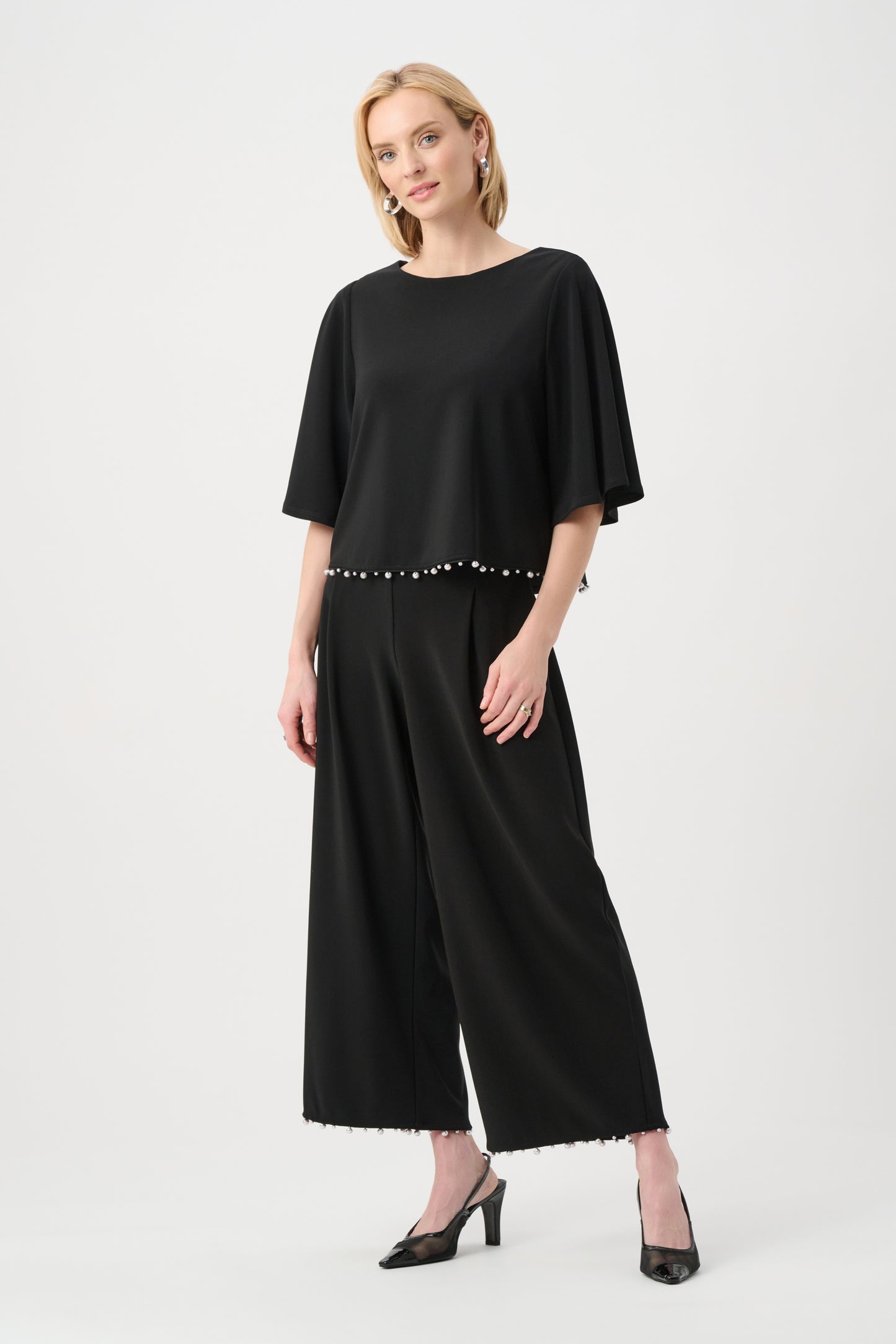 Silky Knit Flared Pearl Detail Top. Style JR263116