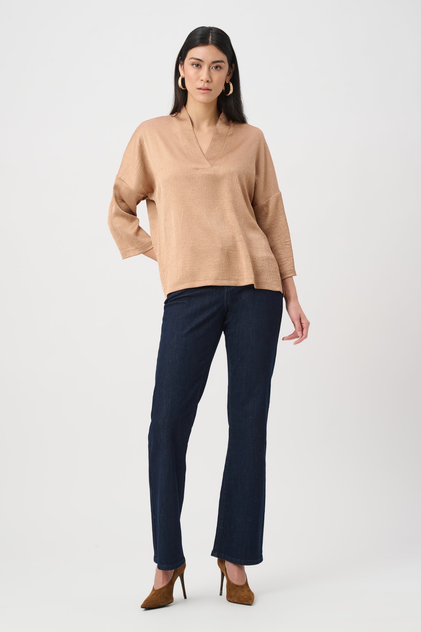 Crushed Satin Straight V-Neck Top. Style JR263141