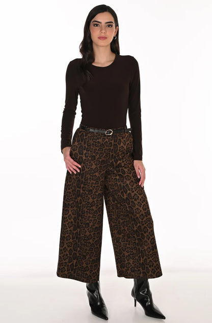 Belted Cheetah Print Wide Leg Pull-On Faux Suede Pant. Style FL263188