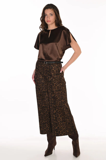 Belted Cheetah Print Wide Leg Pull-On Faux Suede Pant. Style FL263188