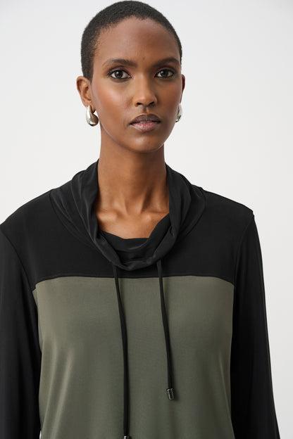 Silky Knit Color Block Funnel-Neck Tunic. Style JR263618