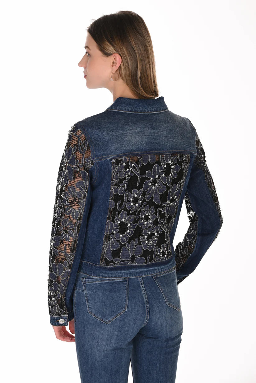 Floral Lace Sleeves & Back Denim Jacket. Style FL263706