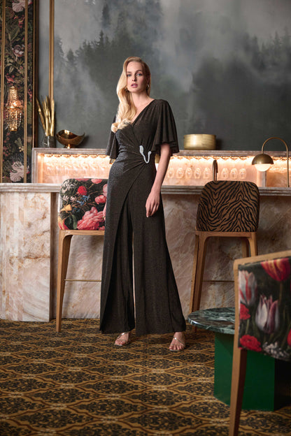 Signature Sparkle Knit Wide Leg Wrap Jumpsuit. Style JR263717