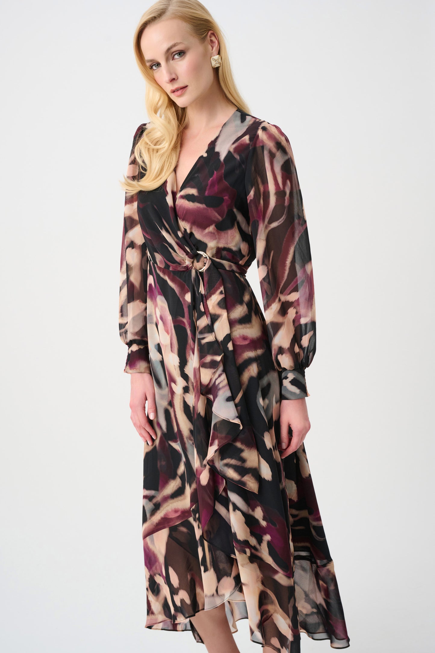 Signature Chiffon Printed Fit and Flare Wrap Dress. Style JR263739