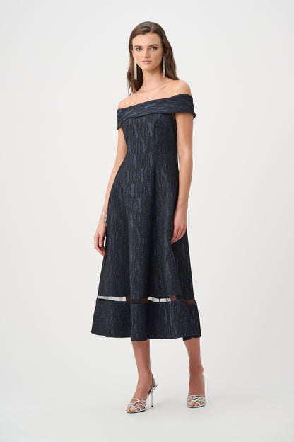Signature Foil-Textured Jacquard Off-Shoulder Fit and Flare Dress. Style JR263742