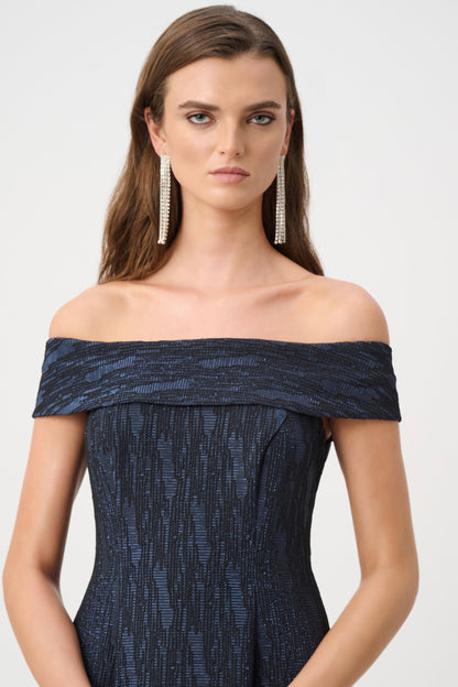 Signature Foil-Textured Jacquard Off-Shoulder Fit and Flare Dress. Style JR263742