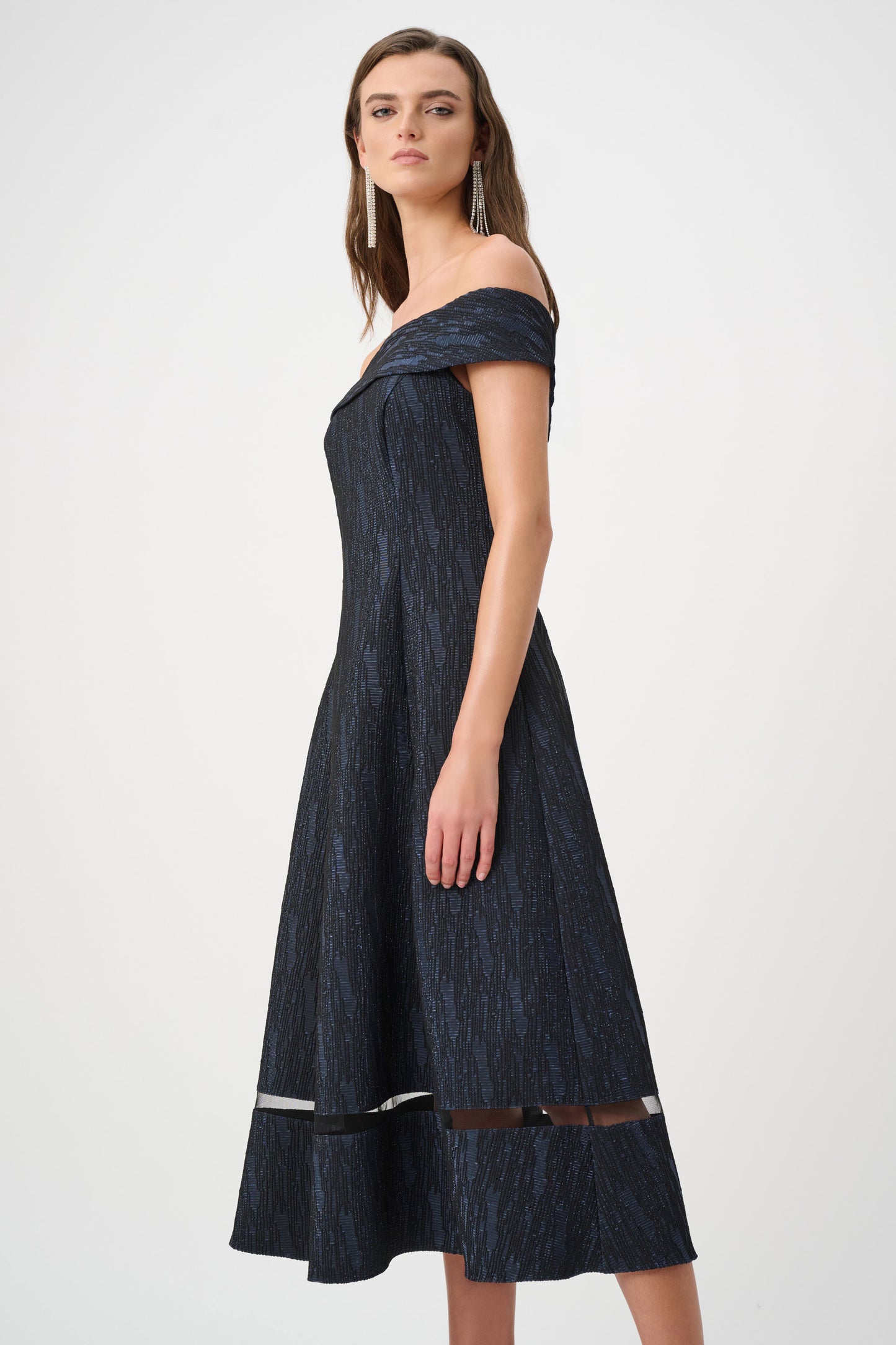 Signature Foil-Textured Jacquard Off-Shoulder Fit and Flare Dress. Style JR263742
