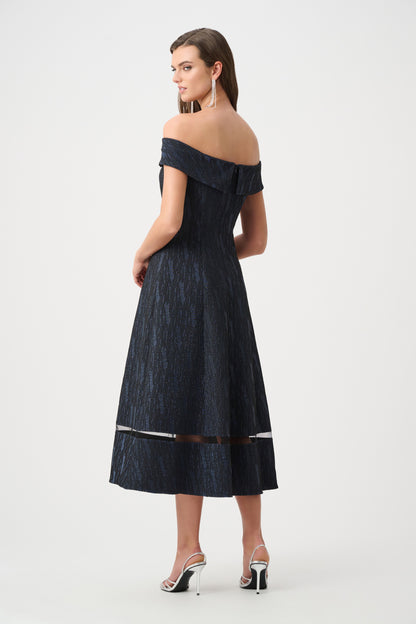 Signature Foil-Textured Jacquard Off-Shoulder Fit and Flare Dress. Style JR263742