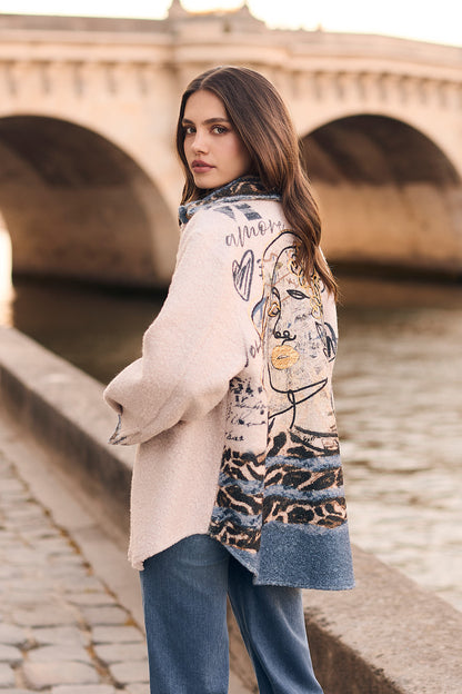 Abstract Print Button Front Boucle Jacket. Style FL263788