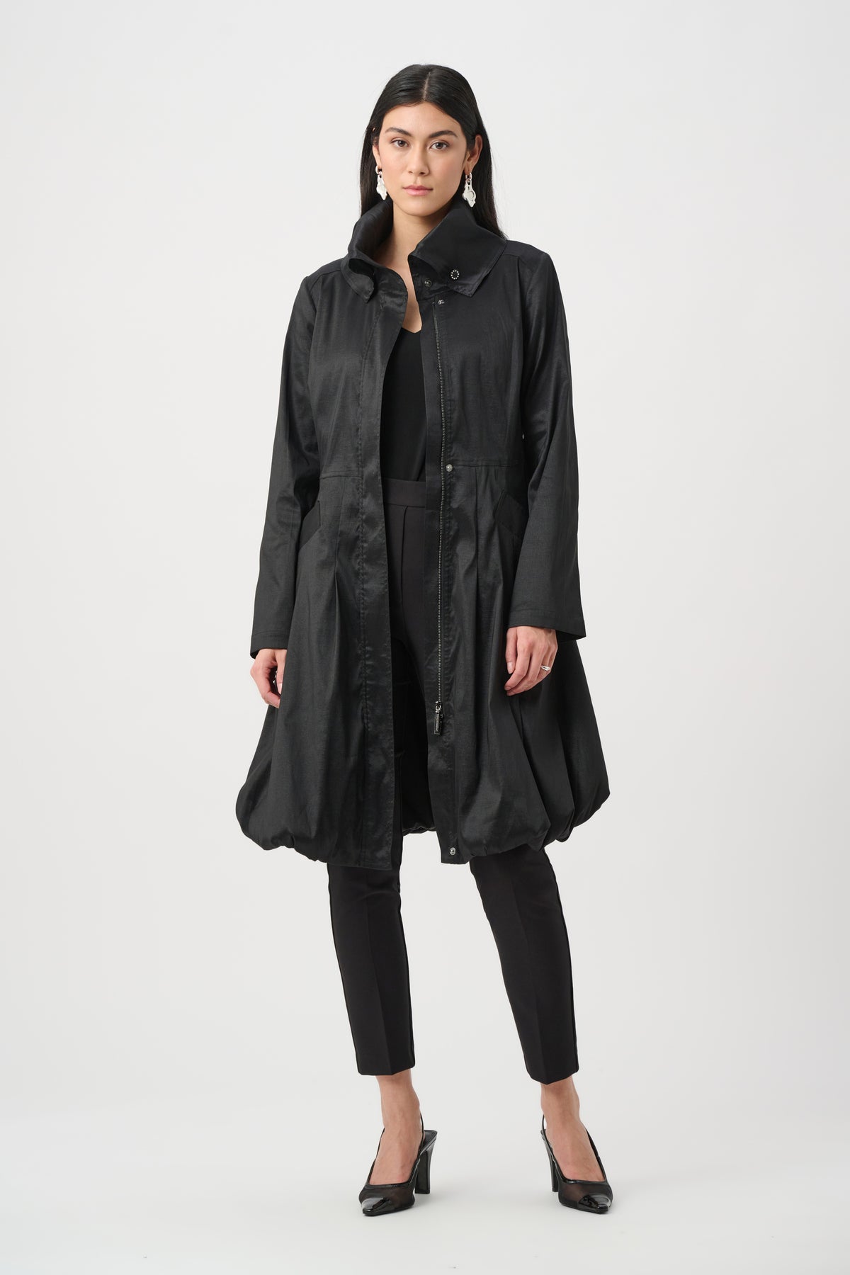 Stretch Taffeta Belted Fit & Flare Balloon Coat. Style JR263911
