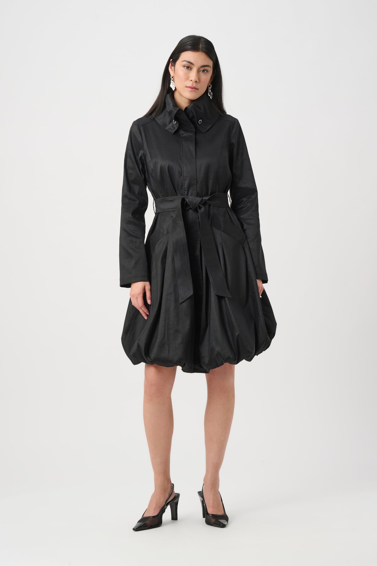 Stretch Taffeta Belted Fit & Flare Balloon Coat. Style JR263911