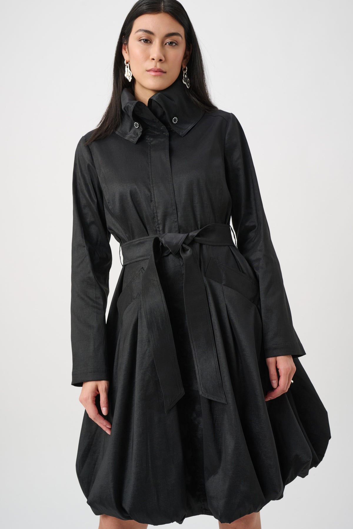 Stretch Taffeta Belted Fit & Flare Balloon Coat. Style JR263911
