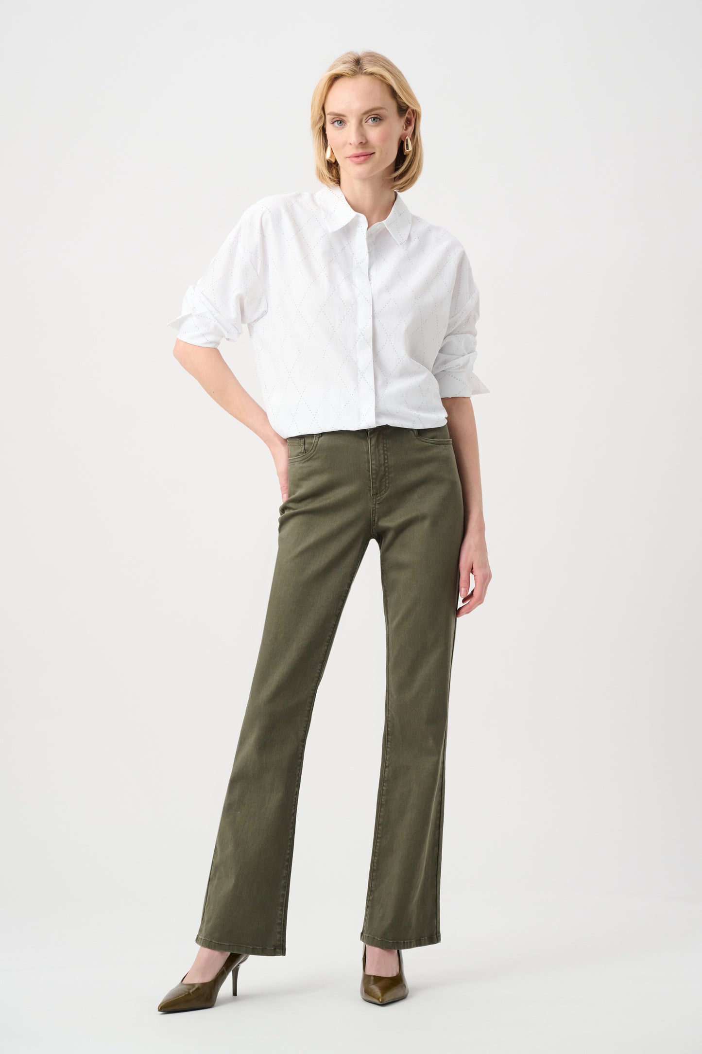 All-Over Rhinestone Detail Tencel Boxy Blouse. Style JR263922