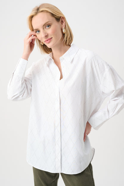 All-Over Rhinestone Detail Tencel Boxy Blouse. Style JR263922