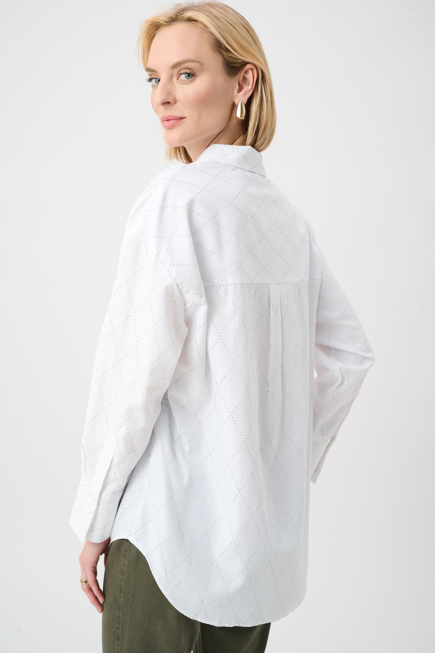 All-Over Rhinestone Detail Tencel Boxy Blouse. Style JR263922