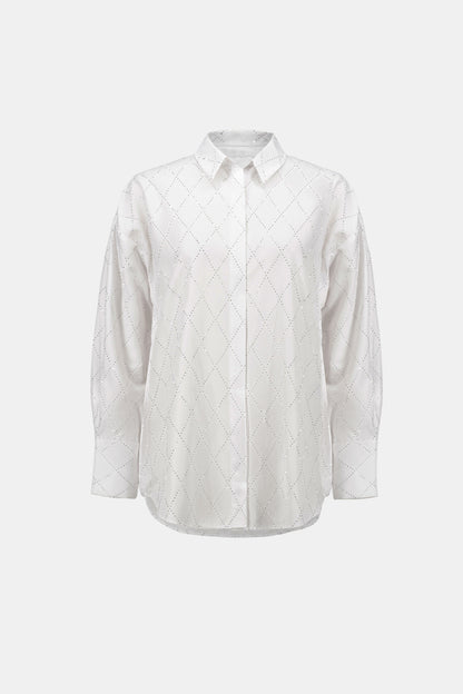 All-Over Rhinestone Detail Tencel Boxy Blouse. Style JR263922