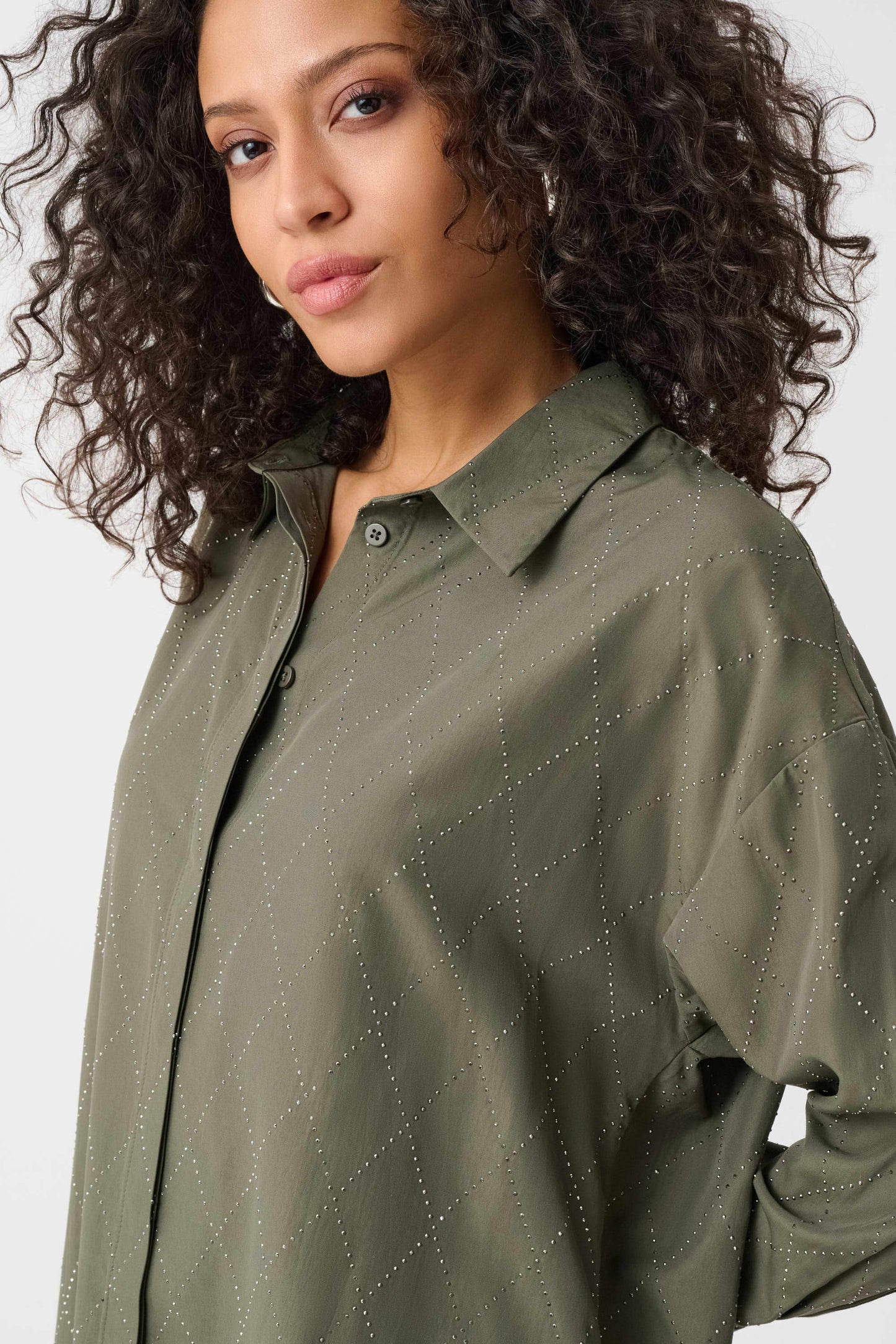 All-Over Rhinestone Detail Tencel Boxy Blouse. Style JR263922