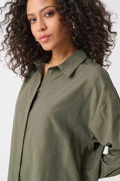 All-Over Rhinestone Detail Tencel Boxy Blouse. Style JR263922