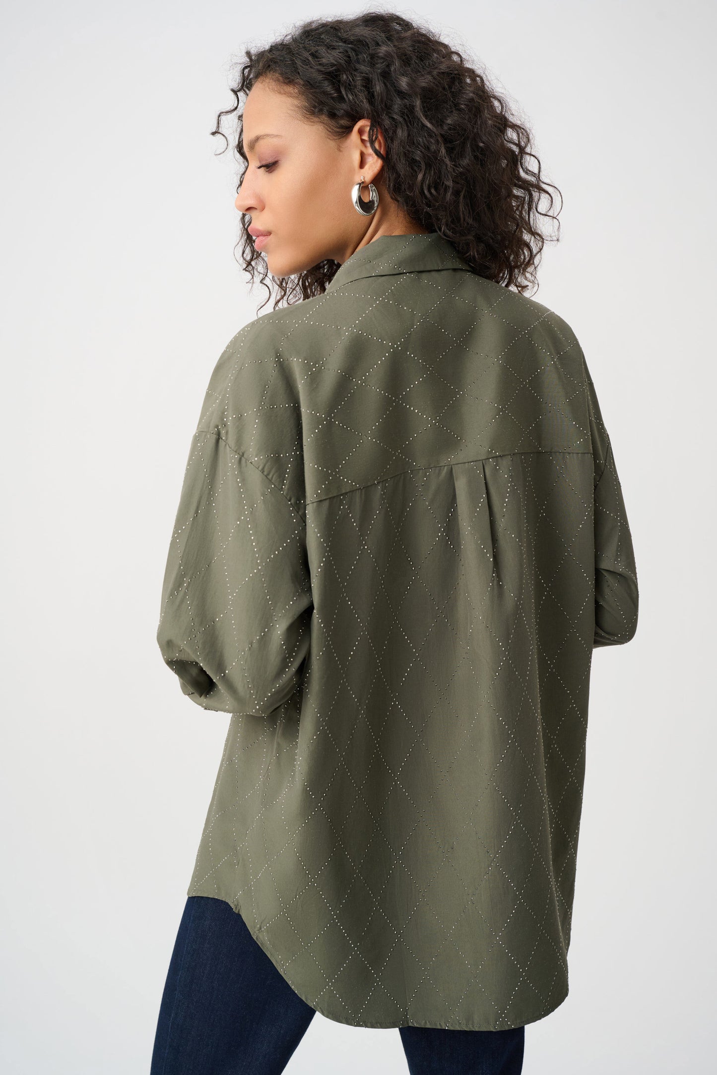 All-Over Rhinestone Detail Tencel Boxy Blouse. Style JR263922