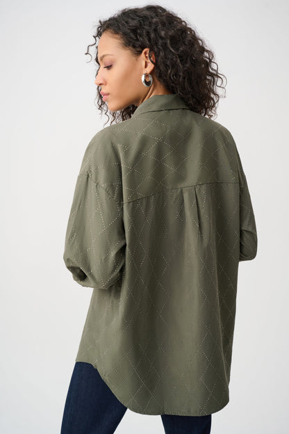 All-Over Rhinestone Detail Tencel Boxy Blouse. Style JR263922