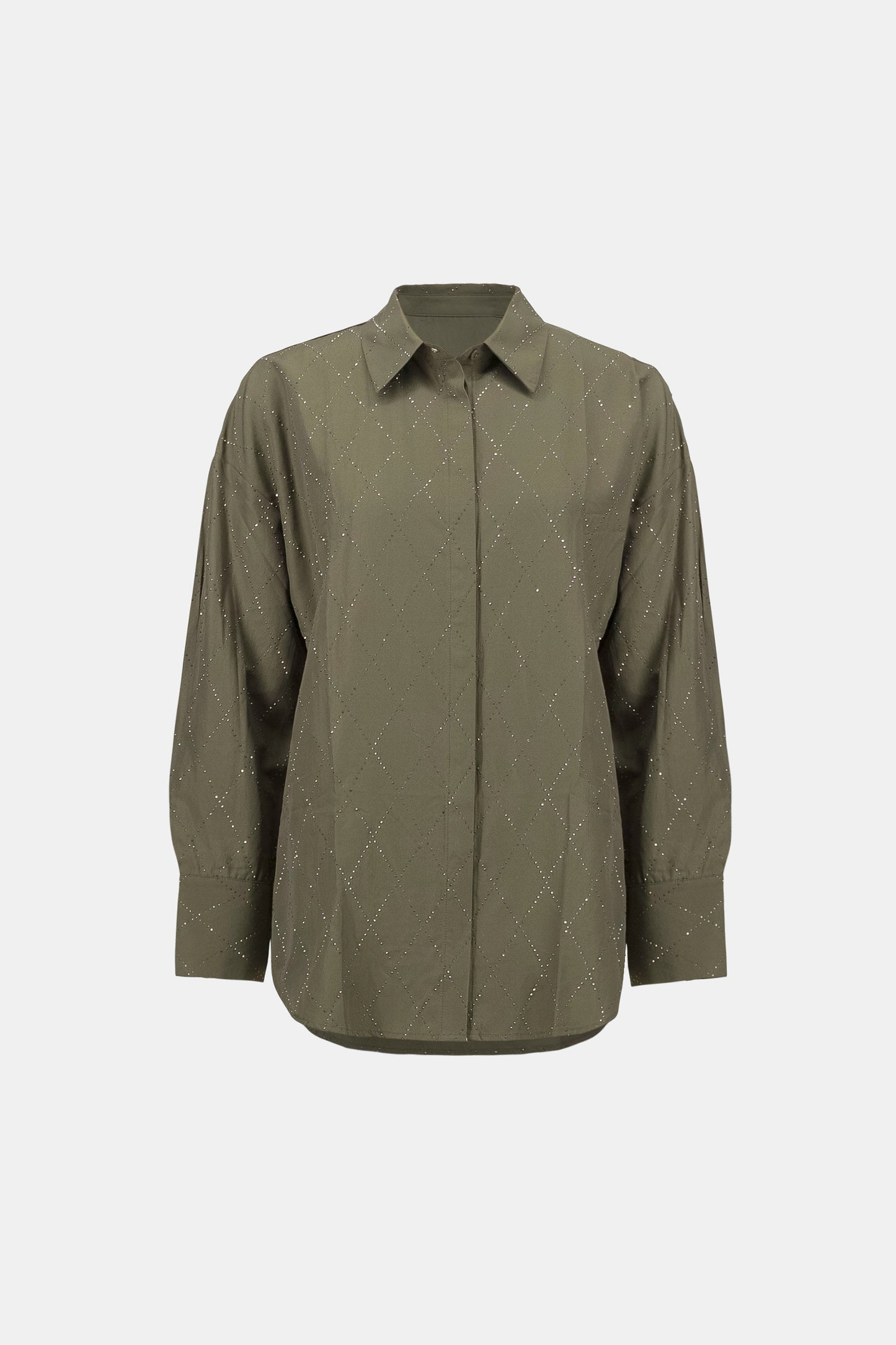 All-Over Rhinestone Detail Tencel Boxy Blouse. Style JR263922