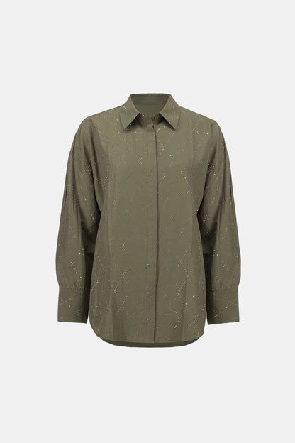 All-Over Rhinestone Detail Tencel Boxy Blouse. Style JR263922