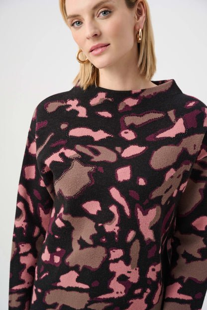 Abstract Print Jacquard Rhinestone Detail Sweater. Style JR263930