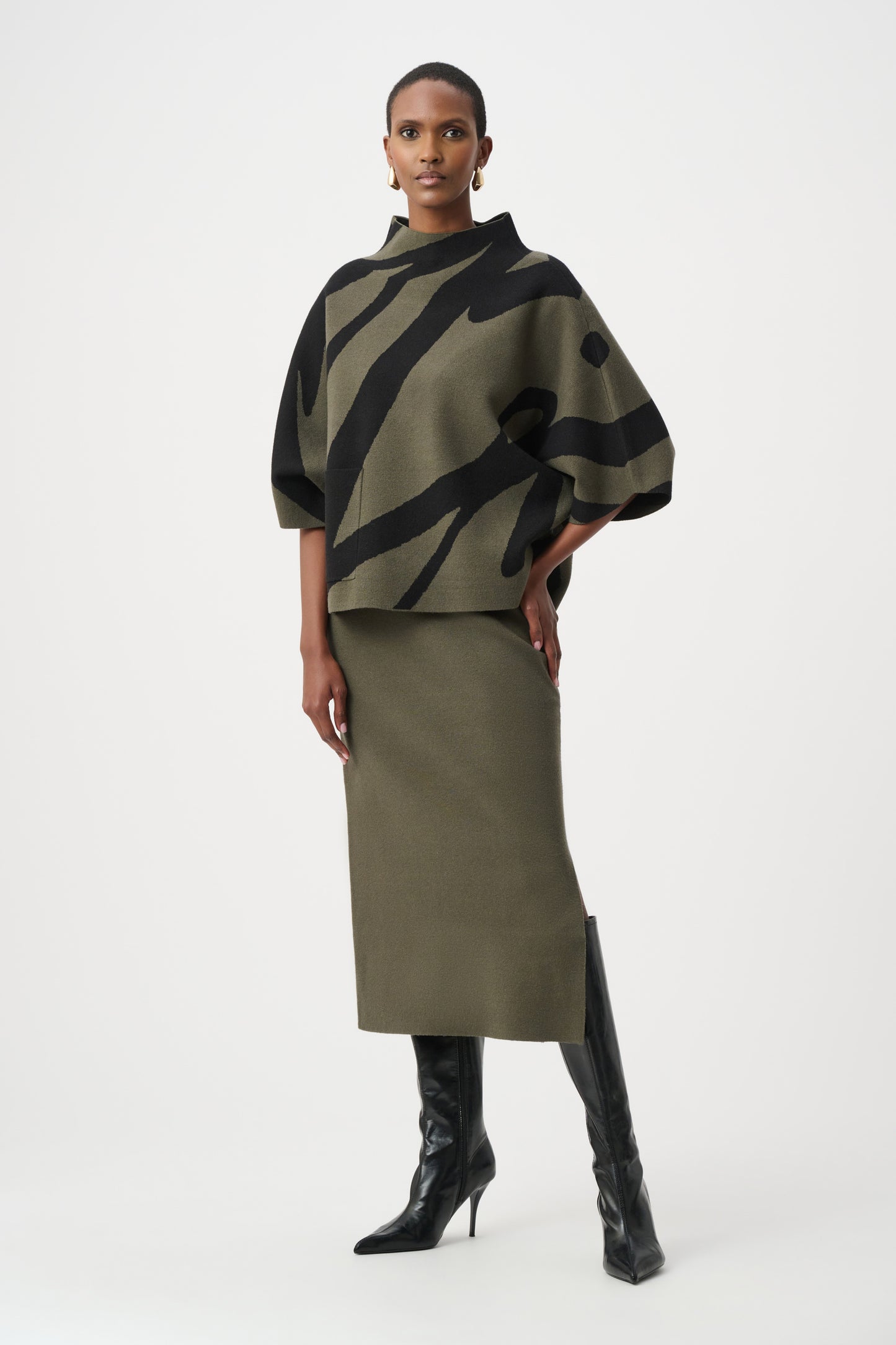 Abstract Jacquard Funnel-Neck Boxy Sweater. Style JR263936