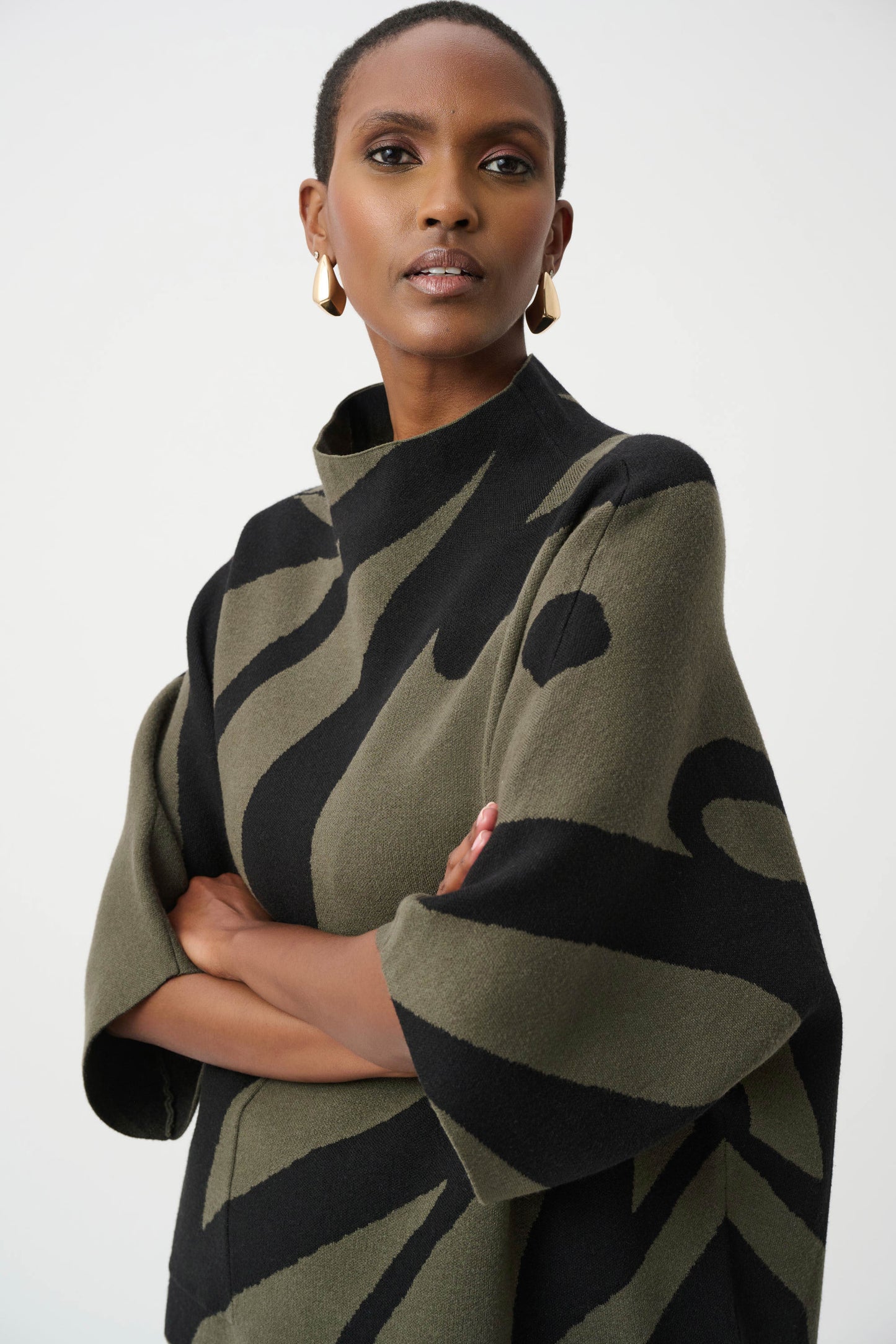 Abstract Jacquard Funnel-Neck Boxy Sweater. Style JR263936