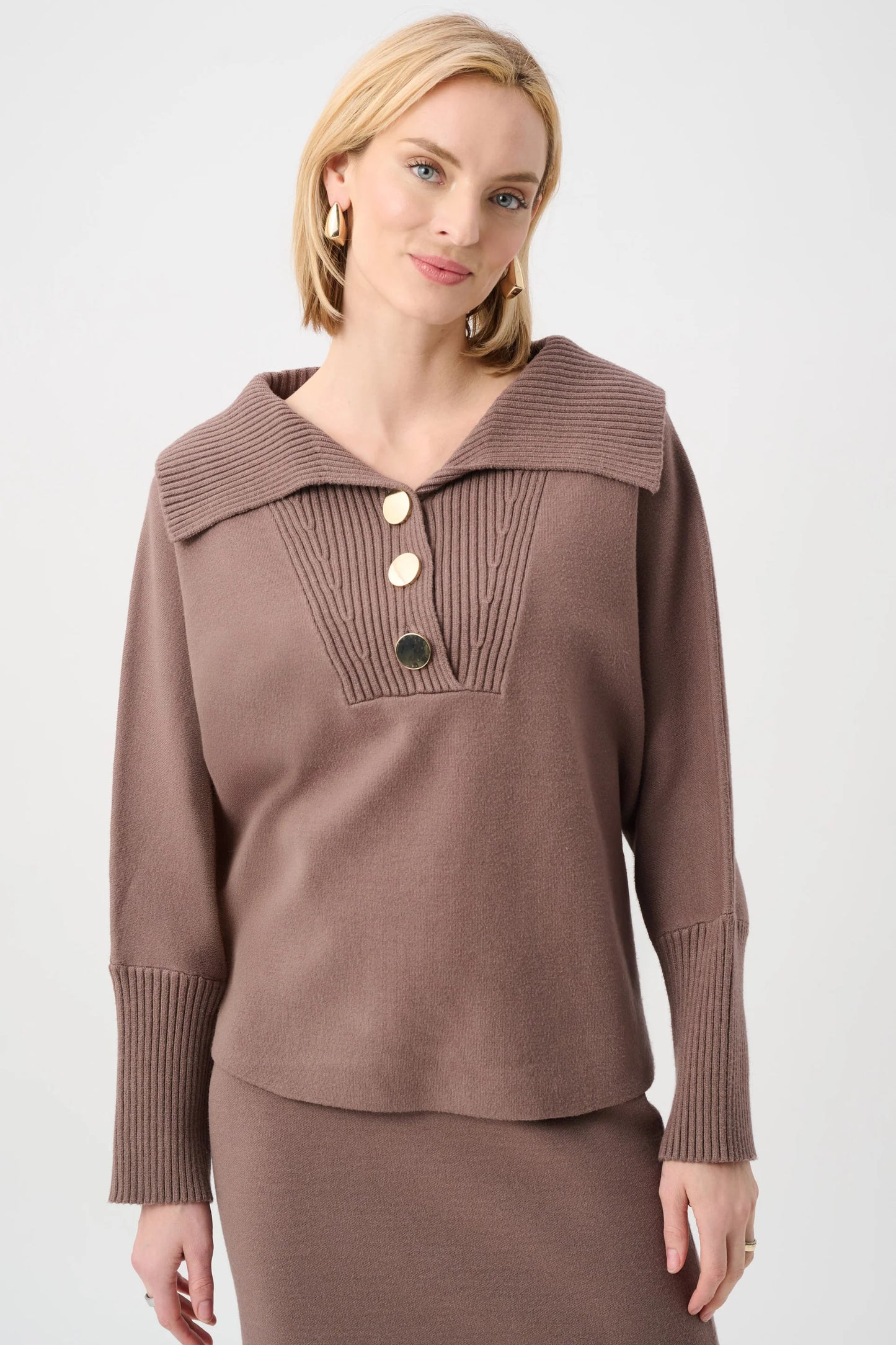 Gold Buttons Shawl Neck Long Sleeve Top. Style JR263938