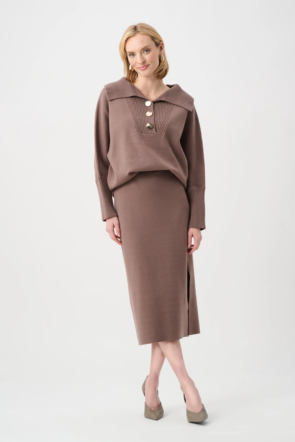 Gold Buttons Shawl Neck Long Sleeve Top. Style JR263938