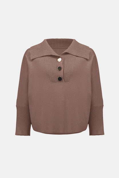 Gold Buttons Shawl Neck Long Sleeve Top. Style JR263938