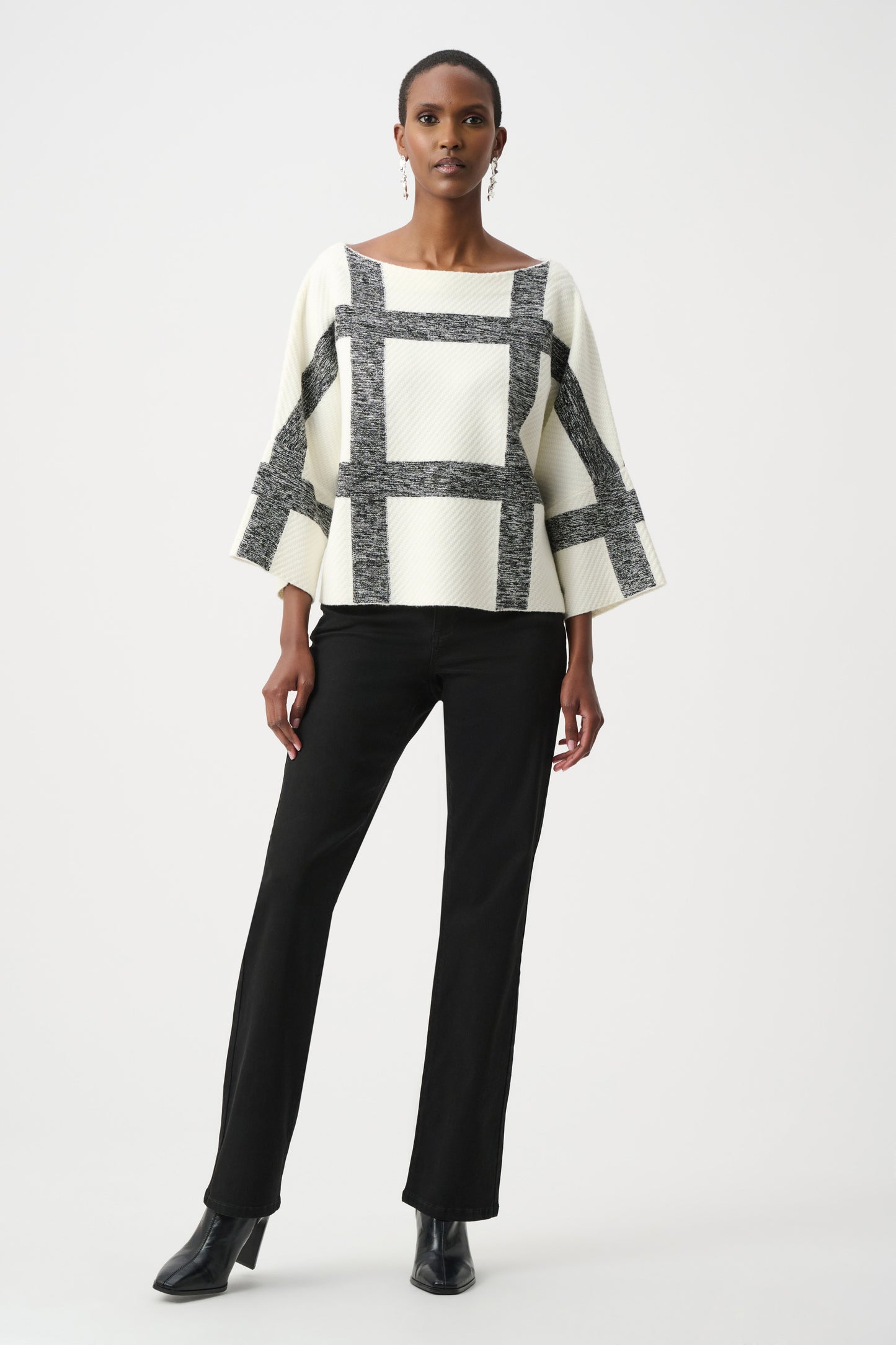 Brushed Viscose & Nylon Plaid Boat-Neck Sweater. Style JR263946