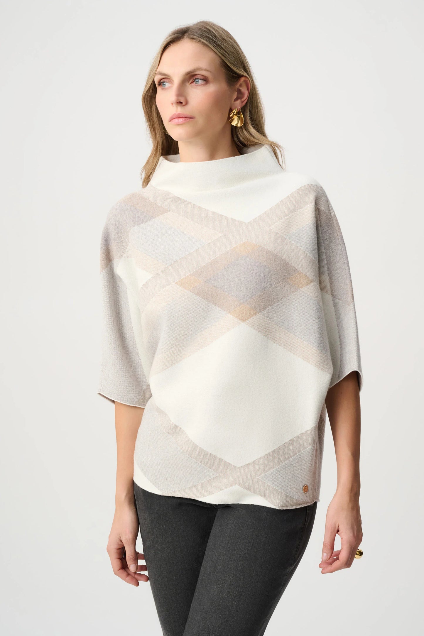 Brushed Viscose And Nylon Plaid Funnel-Neck Sweater. Style JR263947