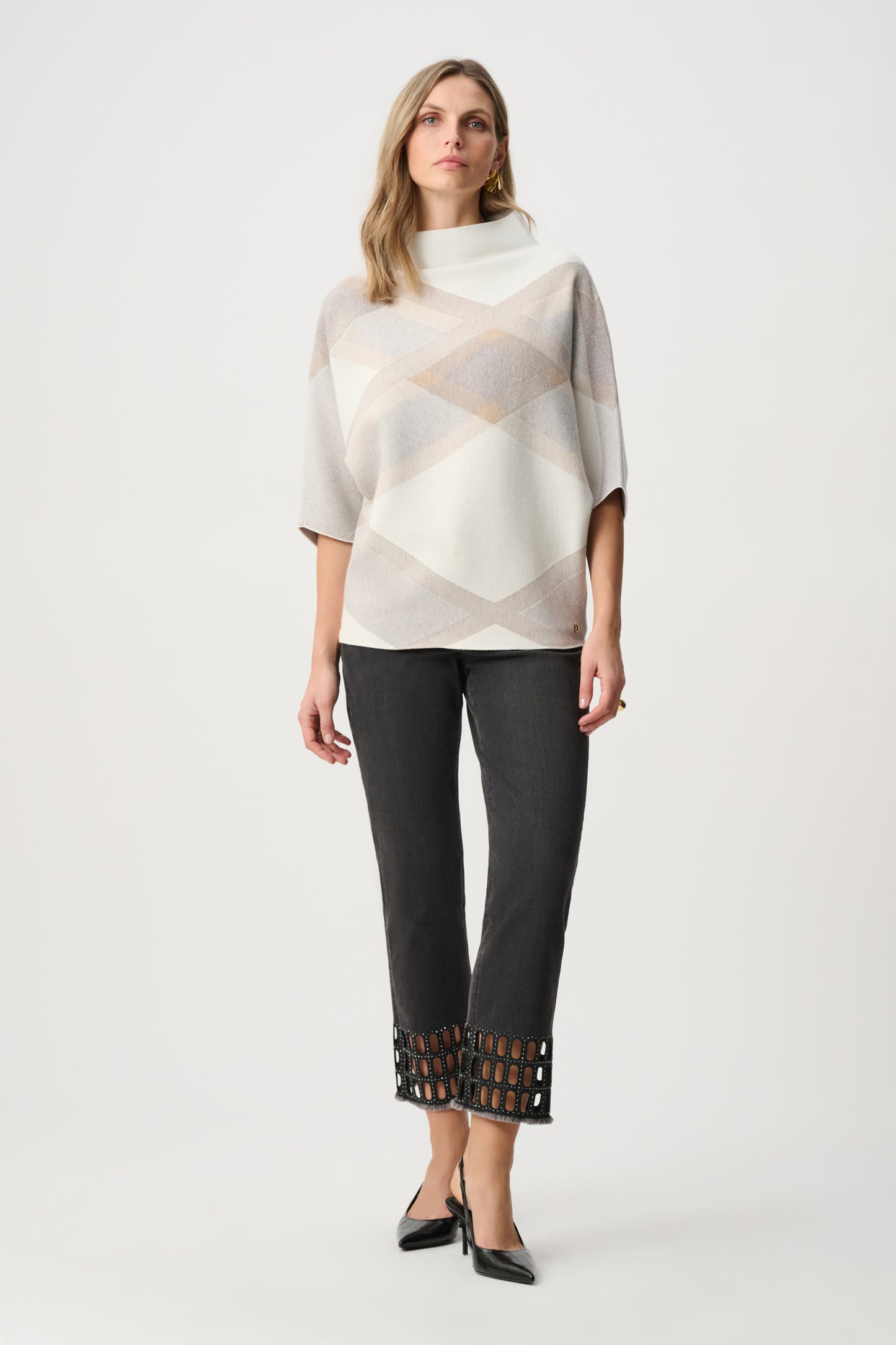 Brushed Viscose And Nylon Plaid Funnel-Neck Sweater. Style JR263947