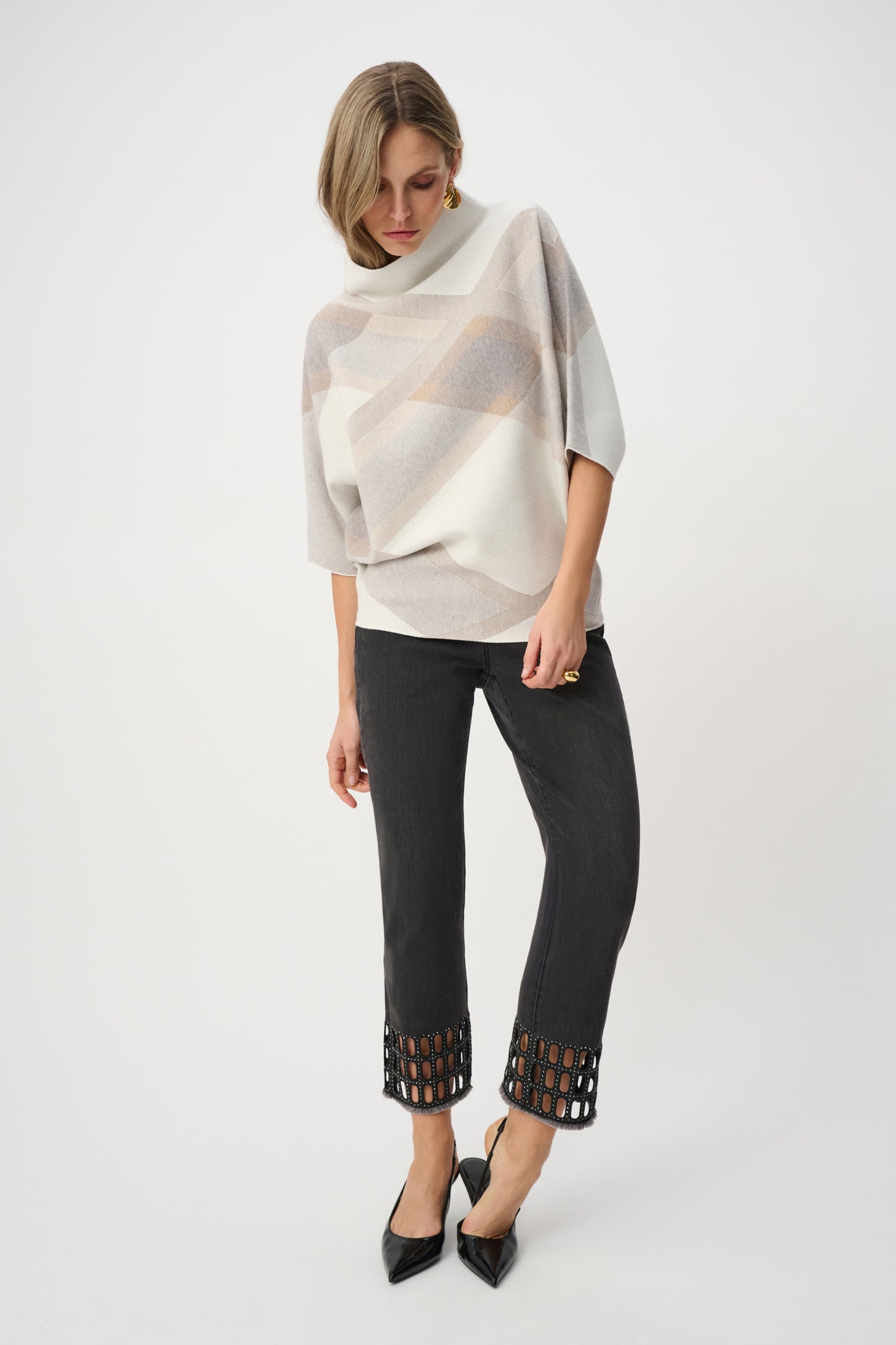 Brushed Viscose And Nylon Plaid Funnel-Neck Sweater. Style JR263947