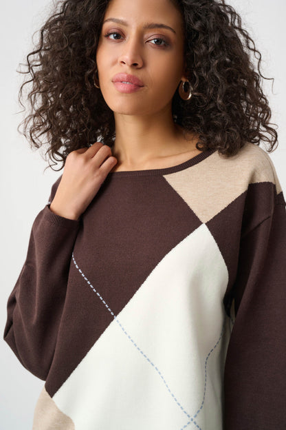 Brushed Viscose Knit Argyle Pattern Crewneck Sweater. Style JR263948